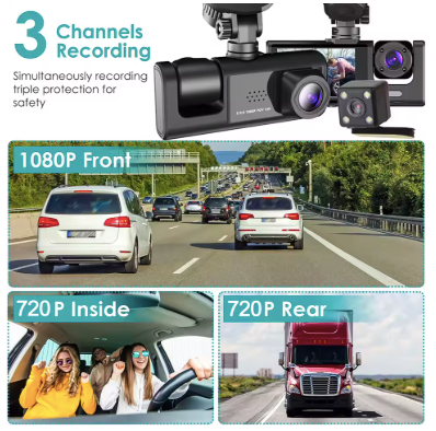 3-in-1 HD Dash Camera: Front, Inside & Rear Protection