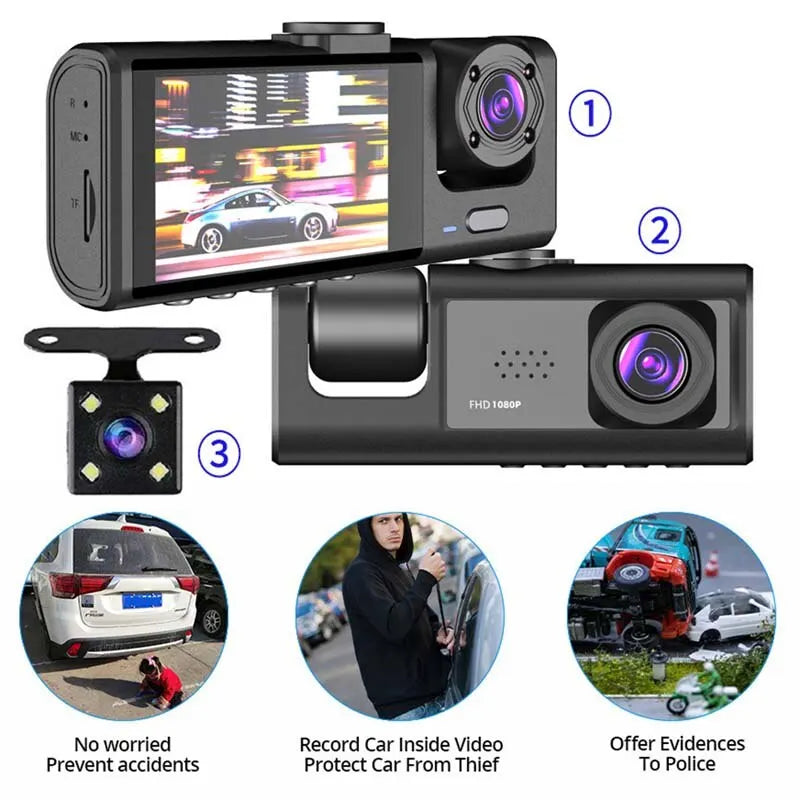 3-in-1 HD Dash Camera: Front, Inside & Rear Protection